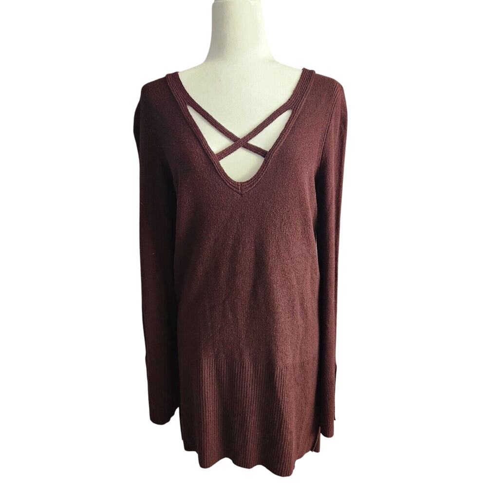 Free People Criss Cross Front Tunic High Low Sweater Size L Brown 14597 - Picture 2 of 9